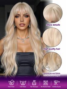 26" Machine Made Champagne Blonde Body Wave Wig With Bangs, High Temp Fiber Voluminous Wig With Adjustable Stretchy Cap - Gold - View 7