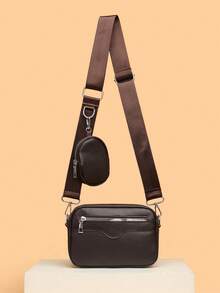 2pcs/Set Retro Men's Shoulder Bag, Mini Key Pouch, Fashionable Small Square Crossbody Bag - Coffee - View 2