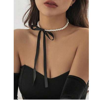 1 pieza Collar de terciopelo estilo francés vintage, diseño de lazo de perlas falsas, joyería elegante y de temperamento versátil para uso diario, fiesta o regalo de cumpleaños para mujer