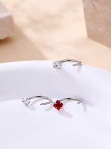 1pc White Square, 1pc Red Square, 1pc White Heart Shaped Shiny Cubic Zirconia Nose Rings, Stainless Steel C-Shape Nose Piercing Studs, Minimalist Fashion Party Wear Gift For Women - Simplicity - View 7