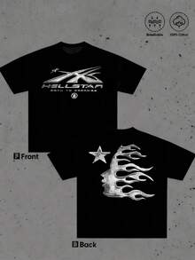 1 pieza Camiseta gráfica para hombre Estampado doble de logotipo Camiseta de arte con cara de estrella y llama 100% algodón Camiseta retro Estilo streetwear Casual de manga corta Camiseta perfecta como regalo de verano - Negro - Ver 1
