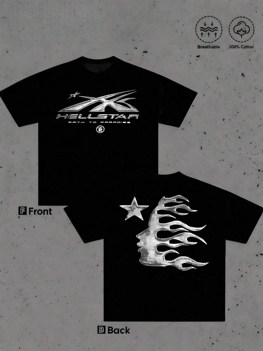 1 pieza Camiseta gráfica para hombre Estampado doble de logotipo Camiseta de arte con cara de estrella y llama 100% algodón Camiseta retro Estilo streetwear Casual de manga corta Camiseta perfecta como regalo de verano - Negro - Ver 1