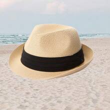 1pc Unisex Khaki/Black Ribbon Trim Jazz Hat - Beige + Black Ribbon - View 2