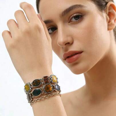 复古珐琅宝石海星手链，撞色复古锌合金饰品，适合女性春、夏、秋、冬四季佩戴