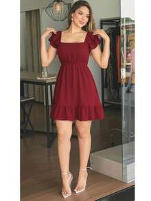 Vestido Corto Casual Con Olanes Y Manga Abullonada - Burdeos - Ver 4