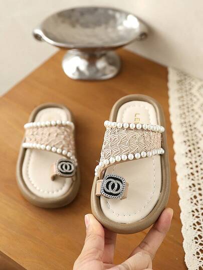 1 Pair Girls' Pearl Thong Sandals | Lace Woven Upper + Double C Rhinestone Buckle, Delicate & Soft, Comfortable Sole, Perfect For Summer Outings