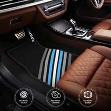 4pcs Car Floor Mats With Stylish Black, White, Gray And Blue Striped Design, Personalized Pattern, Suitable For Cars, Trucks And SUVs, Durable And Easy To Clean, All-Season Use, Perfect For Car Enthusiasts And Great Gift For Friends And Family - Multicolor - View 4