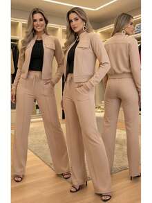 Women's Set: Wide-Leg Pants And Jacket - Elegant Fashion - Stylish, Casual, Party, Cute, Sensual, Fabric, Contrasting Waist, Night, Office, Street - ALL - 米色 - 查看 3