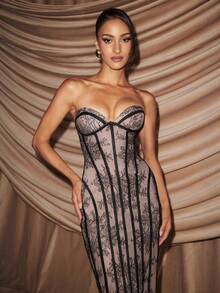 Women's Long Sleeve Exposed Chest Lace Off-Shoulder Sexy ,Fall And Winter Wedding Cocktail Party Formal Gown Women's Solid Off-Shoulder Long Sleeve Dress, Suitable For Vacation, Pink Elegant Dress For Wedding Guest, Evening Wedding Dresses,Fall Summer Spring Outfits For Women,Elegant Beach Date Dress,Suitable For Romantic Date - màu đen - Xem 2