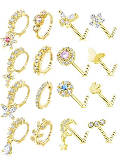 16 piezas Conjunto de perforaciones nasales estéticas Coquette de acero inoxidable 20G con circonita cúbica AAA+, dijes de luna y estrella, anillos nasales y pendientes nasales en forma de L para uso diario y regalo de vacaciones para mujeres