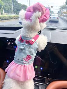 2件套宠物服装，狗狗猫咪套装，小型犬幼犬服装，可爱时尚舒适连衣裙+帽子套装，粉色时尚 - 彩色 - 查看 3