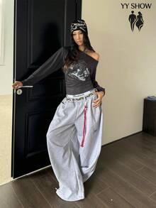 Curved Silhouette Jersey Pants For Men And Women. High-Quality Street Style, Loose Fit, Wide Leg, Unisex, Thick Sweatpants For Fall And Winter. - 灰色 - 查看 8