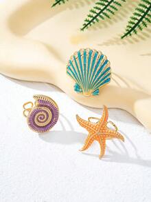 Set de 3 anillos de metal con diseño de concha y estrella de mar de colores a la moda, adecuados para la playa, viajes, elegantes y versátiles - Morado - Ver 4