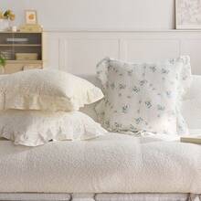 Funda de cojín de sofá con estampado floral de estilo pastoril francés con bordes con volantes, funda de almohada decorativa para la sala de estar - Blanco - Ver 6