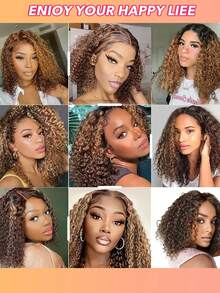 Tóc giả kiểu bob sóng sâu 4/27, tóc thật 6*4, không cần keo, highlight màu vàng mật ong, tóc giả ren phía trước, tóc thật đã được tỉa sẵn với tóc con, mật độ 180, phần chữ T, tóc giả trong suốt dành cho nữ. - S4/27 - Xem 7