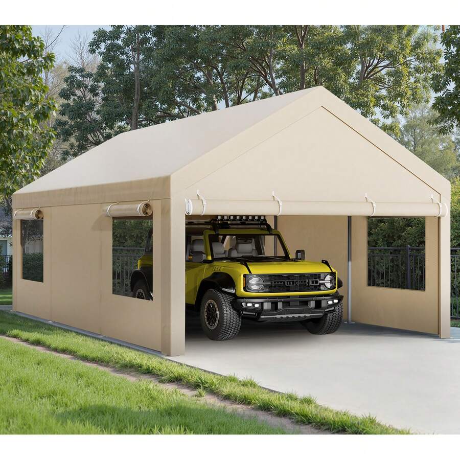 12FT Heavy Duty Carpor, With Removable Sidewalls & Doors,Roll-Up Windows Car Canopy With Sandbags And All-Season Tarp For Car Boat Truck Motorcycle - Màu Khaki - Xem 1