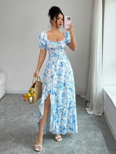 新款女士夏季方领泡泡袖连衣裙：优雅修身，荷叶边下摆和侧开衩