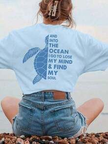 2026 New Arrival Women's Summer New Simple Slogan Print Casual Vacation Loose Fit Round Neck Short Sleeve T-Shirt, Fashionable Everyday Top, Suitable For Daily And Vacation Wear. Women's T-Shirt Top., Fashionable T-Shirt For Women - 淺藍色 - 查看 4