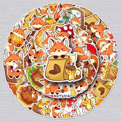1 pieza - 2026 Nuevos 50 pegatinas de zorro pequeño y lindo de otoño, decoración adorable de dibujos animados hechos a mano para equipaje, monopatín, sellos, adecuado para niños, niñas, interacción, amistad, familia, modelo explosivo, regalo para novio, novia, cumpleaños, fiesta, regalo perfecto