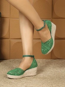Women's Linen Rope Platform Lace Slip-On Hollow Out Round Toe Casual Breathable Thick Bottom High Heel Woven Sandals, Versatile Fisherman Sandals - Green - View 2