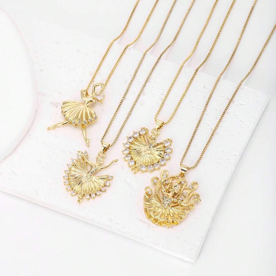 1件18K镀金铜芭蕾舞者锆石吊坠项链，奢华简约珠宝，女士礼物 - 金色 - 查看 1