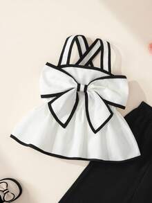 BASUSARRI Girls' Commuting Chic White Contrast Color Wide Strap Big Bow Tie Crop Top And Straight Leg 3/4 Pants Suit, Versatile Fashion - Black and White - View 6