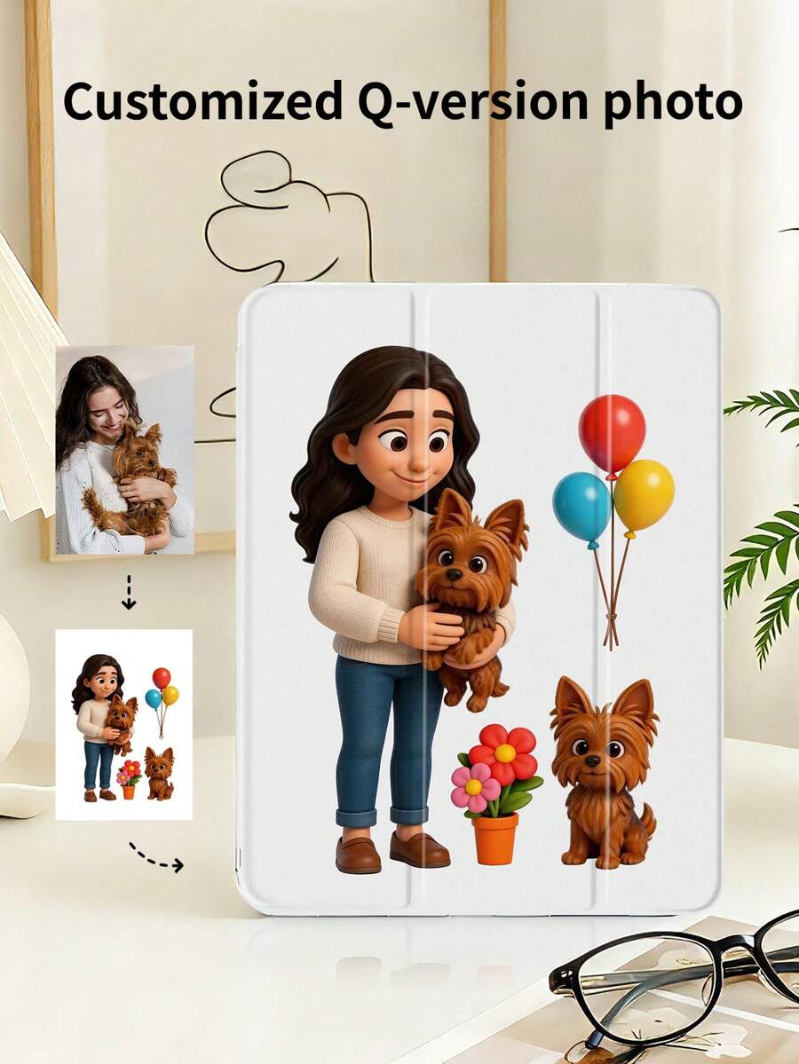1pc Transparent Pencil Holder 3-Fold Cartoon Character Painted Tablet Case, Customizable Character/Pet Image, Clear Print, Compatible With 10th/11th/10.2/10.5/Air4/Air5/10.9/Pro11/Air 11-In.(M2)-2024/Pro 11-In.(M4)-2024/ Air 11-Inch (M3) 2025/ (A16) 11 Inch 11th Generation 2025 Mini6/Mini7/Air1/Air2/9.7/Mini4/Mini5, Tab A8 10.5 Inch 2022, TPU Soft Edge Protection, Built-In Pencil Slot, 3-Fold Stand, Magnetic Sleep/Wake, Personalized Creative Fun Cute 3-Fold Tablet Case (Tablet Not Included) - Multicolor - View 1
