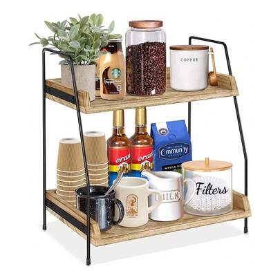 מדף אחסון קפה, מדף אחסון דו-שכבתי, מדף אחסון אביזרים מעץ לדלפק בר, מדף אחסון לדלפק בר למטבח, קופסת אחסון דו-שכבתית לתבליני קפה, מדף אחסון עומד על הרצפה, סלסלת קפה למטבח, ציוד לבית ולמשרד - חום, כלי אחסון למטבח, קישוטי חדרים, מתאים למטבחים, מסעדות, מסיבות, קמפינג, התכנסויות וכמתנה.