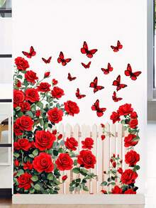 Red Rose Flower Wall Sticker, Butterfly Railing Decal For Valentine's Day Celebration, Wedding Anniversary, Mother's Day Hot Selling Sticker - 1PC - View 4