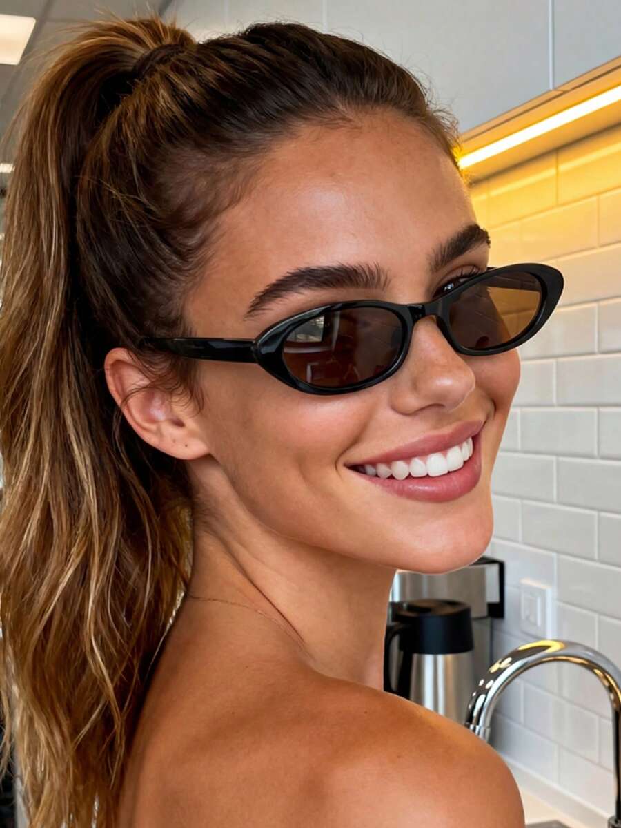 1 Pair Women's Brown Cat Eye Small Frame High Quality Minimalist Fashion Sunglasses, Suitable For 18, 21, 30, 40, 50 Years Old, Happy Birthday Party Gift, Suitable For Daily Wear, Back To School, Vacation Travel, College Style, Summer Beach Outfit And Other Occasions - Brown - View 1