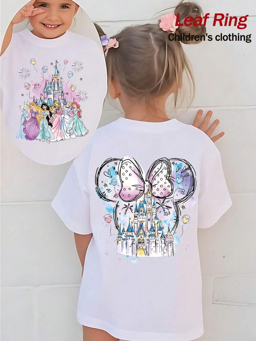 Summer Tops,Disneyland   Princess Graphic Tee, Perfect For Cute Girls. Teen Girl Gift,Comfortable And Breathable Children's Short-Sleeved T-Shirt. 180g Pure Cotton Children's Clothes,Suitable For Both Boys And Girls.Suitable For Daily Wear, Vacations, Outdoor Activities, And As A Children's Gift. - 白色 - 查看 1