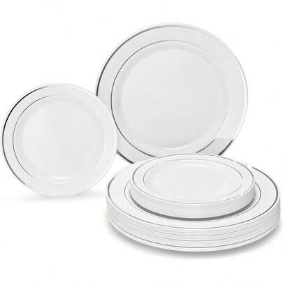 50/25/12 Piezas Juego de Vajilla con Borde Blanco, Platos para Ensalada, Adecuado para Pasteles, Postres, Ensaladas, Hamburguesas, Sándwiches, Sushi, Ideal para Bodas, Pascua, Fiestas de Graduación, Comidas al Aire Libre, Día de San Valentín, Año Nuevo, Regalos del Día de la Madre, Vuelta al Colegio, Ramadán, Adecuado para Diversas Fiestas (Juego de Vajilla Completo, Platos, Bandejas, Platos, Utensilios de Cocina)