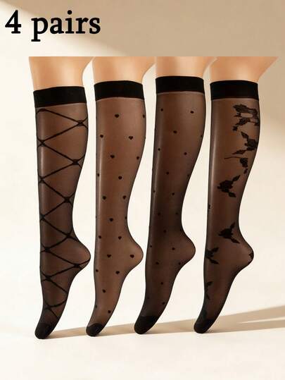 4 Pairs Women's Black Heart & Stripe Pattern Knee-High Socks - Comfortable, Fashionable, Quick-Drying, Soft - Suitable For Daily Wear, Travel, Business, Skirt Matching, Etc.