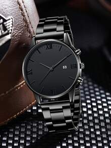 3件套男士不锈钢石英表带组合套装，商务复古罗马数字刻度简约表盘，带日历功能，适合日常佩戴、派对装饰、父亲节、生日等节日，是送给朋友和父亲的理想礼物。 - 彩色 - 查看 3