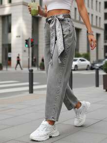 Women's High-Waisted Wide-Leg Jeans, Long Jeans With Five Zippered Pockets, Tapered Legs, Rounded Lines, Cotton-Spandex Blend Denim Fabric, Loose Fit At The Hips, Casual Street Style Trousers, Unique Cut. - Grey - View 5