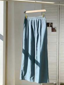 Pantalones casuales y cómodos de unicolor retro, adecuados para primavera/verano, casual de negocios, ropa de playa, ir al trabajo y ocio diario, pantalones anchos y sueltos con bolsillos, nueva colección primavera/verano - Neblina azul - Ver 7