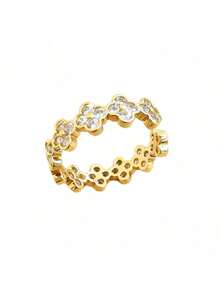 1pc 18K Gold Plated Copper Fully Paved Clover Adjustable Open Ring, Suitable For Holidays, Valentine's Day, Mother's Day Gifts, Daily Wear, Wedding - Gold - View 8