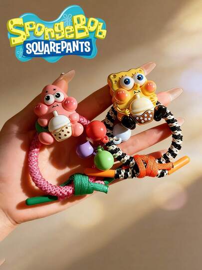 SpongeBob SquarePants 1pc Cute Cartoon Character Hair Scrunchie With Hanging Strap, Japanese Style Resin Charm Elastic Hair Tie With Adjustable Wristband Keychain, Unique Decorative Hair Accessory With Colorful Beads And Knot Decor, Suitable For Ponytail, Bun And Daily Wear, Also Can Be Used As Bag Charm Or Keychain Decoration