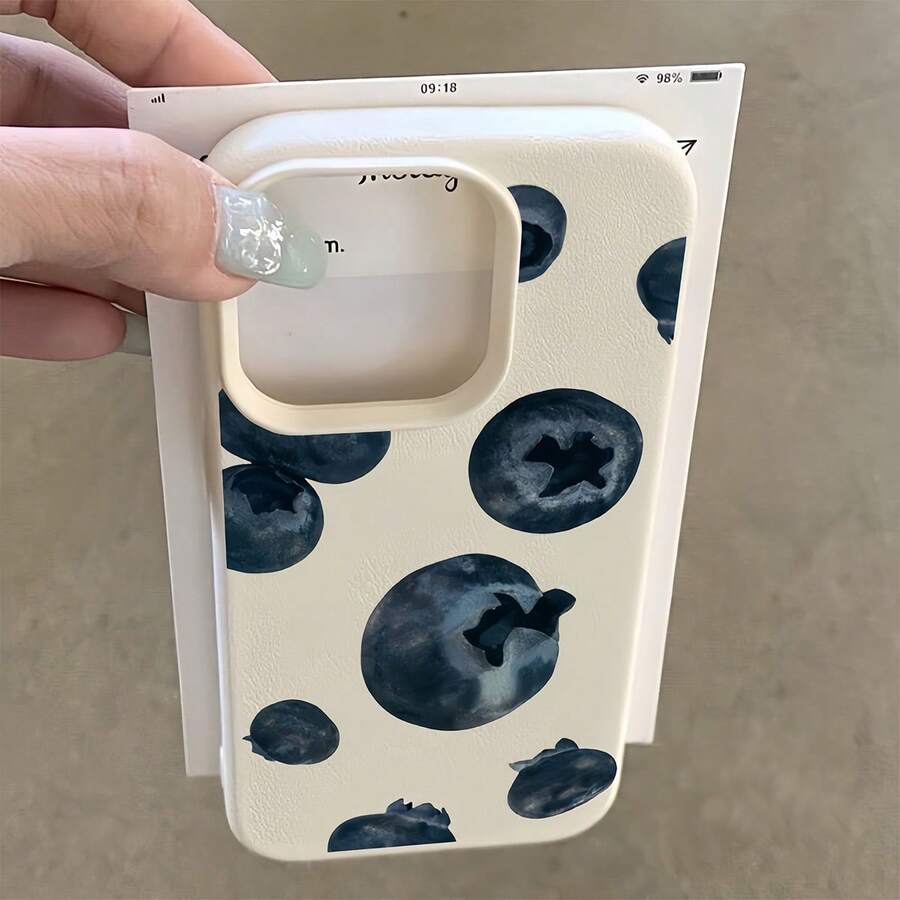 1个白色荔枝纹理哑光极简镜头保护手机壳，蓝莓图案马赛克设计，兼容 16 Pro Max、17/16/15/14 Plus、13/12/11、Air系列 - 彩色 - 查看 1