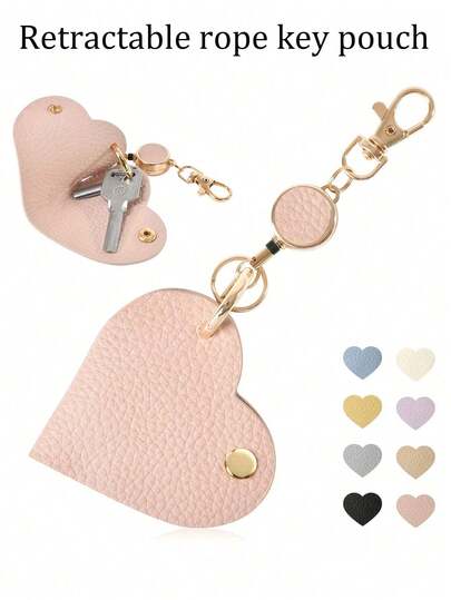 حامل مفاتيح جلدي بشكل قلب سهل الفتح، منظم مفاتيح مع سلسلة مفاتيح قابلة للسحب، حقيبة مفاتيح سيارة محمولة، سلسلة مفاتيح قابلة للسحب بشكل قلب جميل مع حزام من جلد البولي يوريثان وإبزيم من سبيكة معدنية - سلسلة مفاتيح باللون الوردي/الذهبي، سلسلة مفاتيح الدراجة النارية/الهاتف - اكسسوار هدية عيد الأم (متوفر بألوان متعددة)