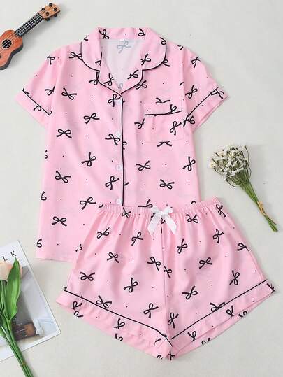 Bow Print Women Bubble Crinkle Short Sleeve Shorts Pajama Set