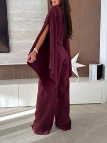女士新款红色圆领落肩长袖开衩袖口套头衫，搭配双扣腰褶裥口袋长裤，优雅时尚通勤派对休闲情人节两件套，春夏款 - 酒紅色 - 查看 7