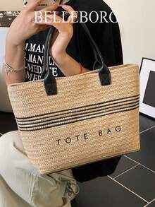 Túi tote bằng rơm dung tích lớn, túi đeo vai thanh lịch tối giản, thích hợp cho kỳ nghỉ của phụ nữ. - màu đen - Xem 7