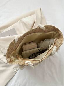 Bolso de playa de paja para vacaciones de verano, de gran capacidad, de moda, versátil, bolso de hombro casual - Caqui claro - Ver 6