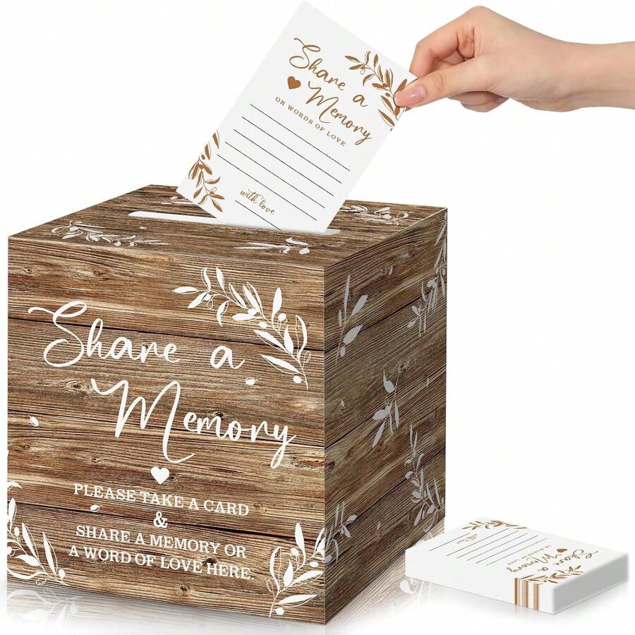 1 Peça Caixa de Cartões, Caixa de Compartilhamento de Memórias para Funerais Criativos de Convidados, Formatura, Casamentos, Presentes de Noiva, Aniversários, Aniversários, Aposentadoria (Cor da Madeira) Inclui 50 Cartões - Cor dos veios da madeira - Visão 1