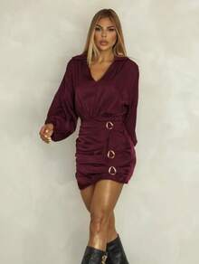 Elegant Women's Short Dress With Long Sleeves In Satin With Front Draping, Perfect For Winter, São João, Party, And Evening Wear. - 酒紅色 - 查看 3
