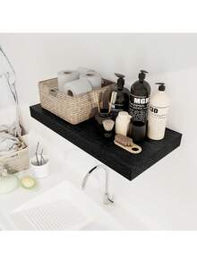 1 Juego de estantería de almacenamiento montada en la pared, estantería larga rústica, adecuada para sala de estar, baño, lavandería, dormitorio, cocina, oficina en casa - Negro - Ver 4