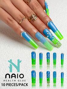 NAIO 10片方形手工美甲贴片，凝胶按压式尖头美甲贴片，蓝色和绿色可选，闪亮水钻镶嵌边缘，美甲装饰。这些美甲贴片非常适合女性和女孩，是派对和日常佩戴的理想之选。套装包含美甲工具。精美礼物，女性和女孩的绝佳选择。春夏美甲手工按压式美甲贴片。 - 彩色 - 查看 11