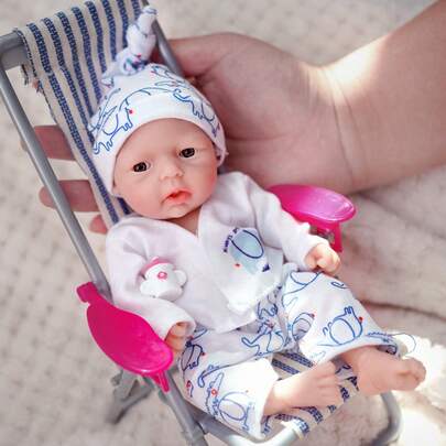 18厘米/7英寸逼真重生男婴娃娃，大眼睛，柔软全身实心硅胶重生玩具，手工绘制逼真肌肤，圣诞节生日礼物
