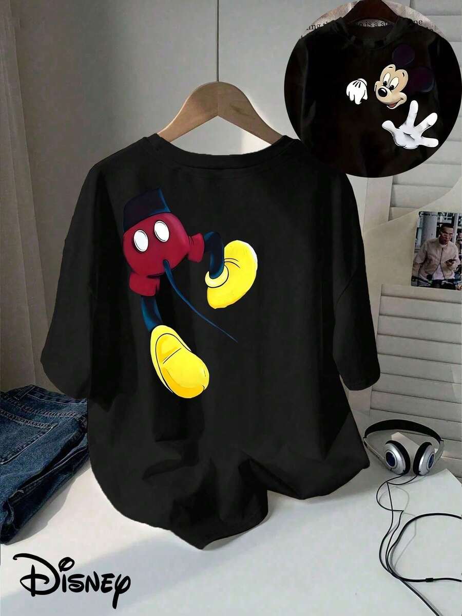 Disney Official Licensed Vintage Wash Mickey Mouse Silhouette Print 220g Cotton Crew Neck Tee - Noir - Voir 1